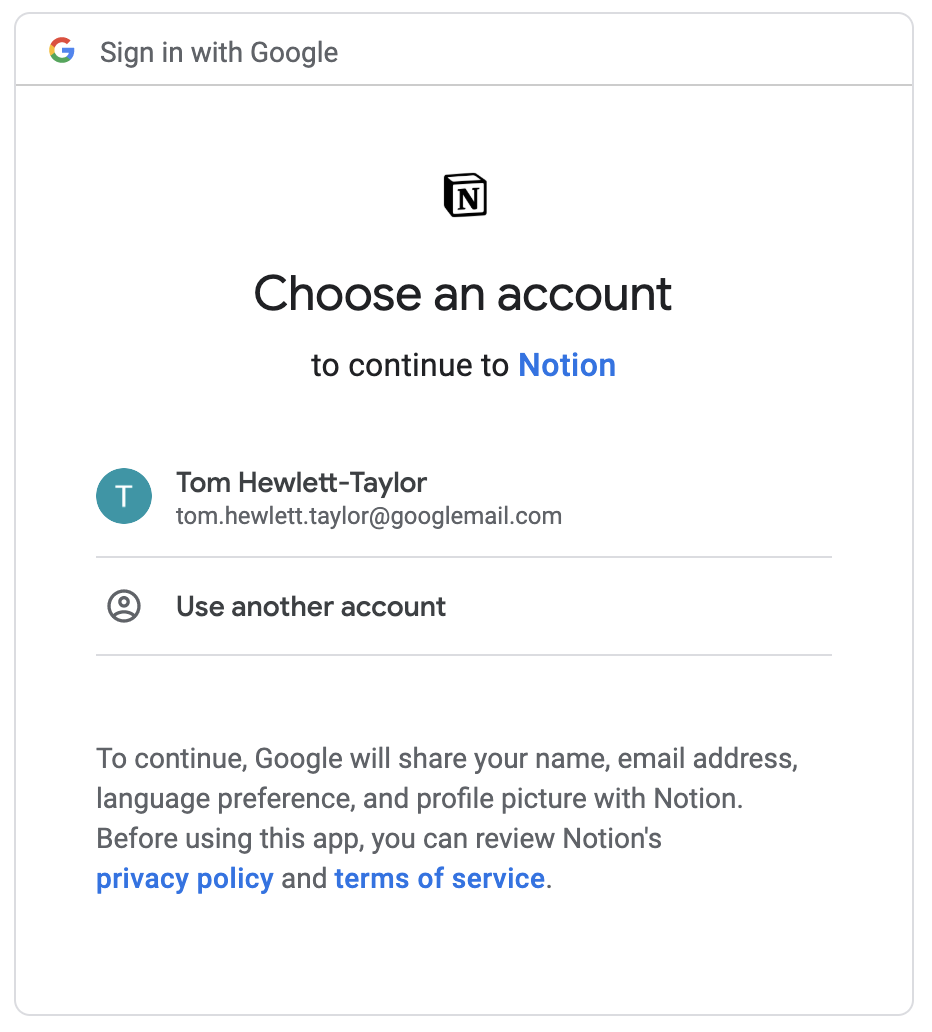 Choose an account to continue with Notion