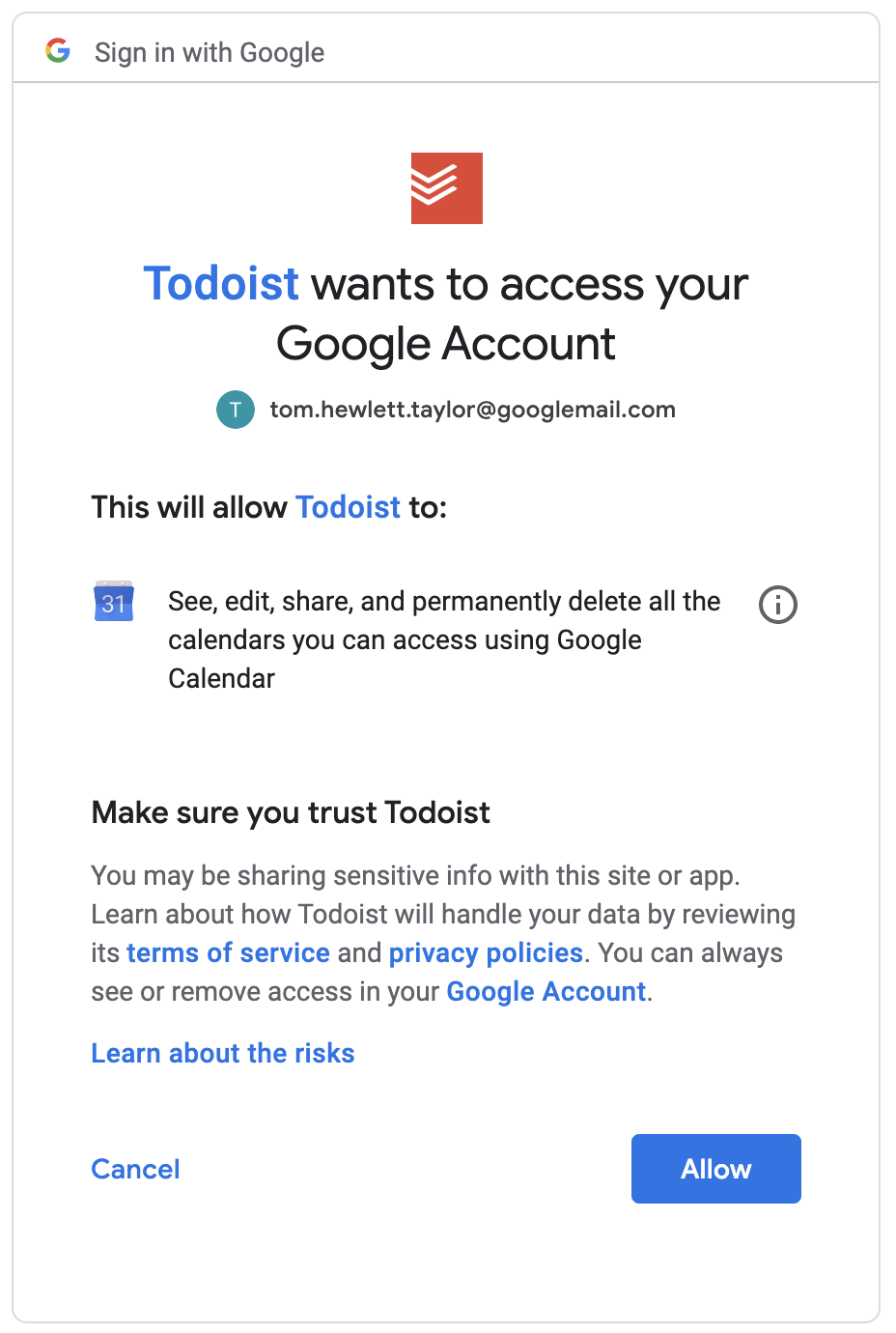 Allow Todoist to access your Google account